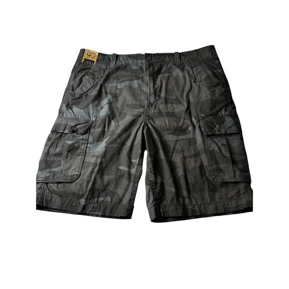 Roundtree & Yorke Mens Washed Utility Cargo Shorts Camo Ripstop Grey Black 40 - Picture 2 of 13